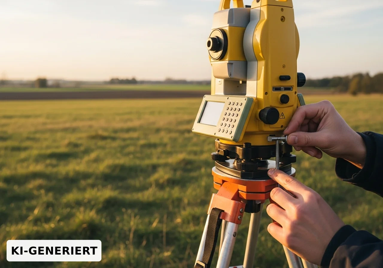 Justierung eines Tachymeters auf dem Stativ im Feld in Mecklenburg-Vorpommern