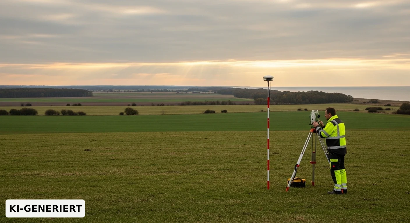 Vermessungstechniker mit Tachymeter in der Landschaft Mecklenburg-Vorpommerns