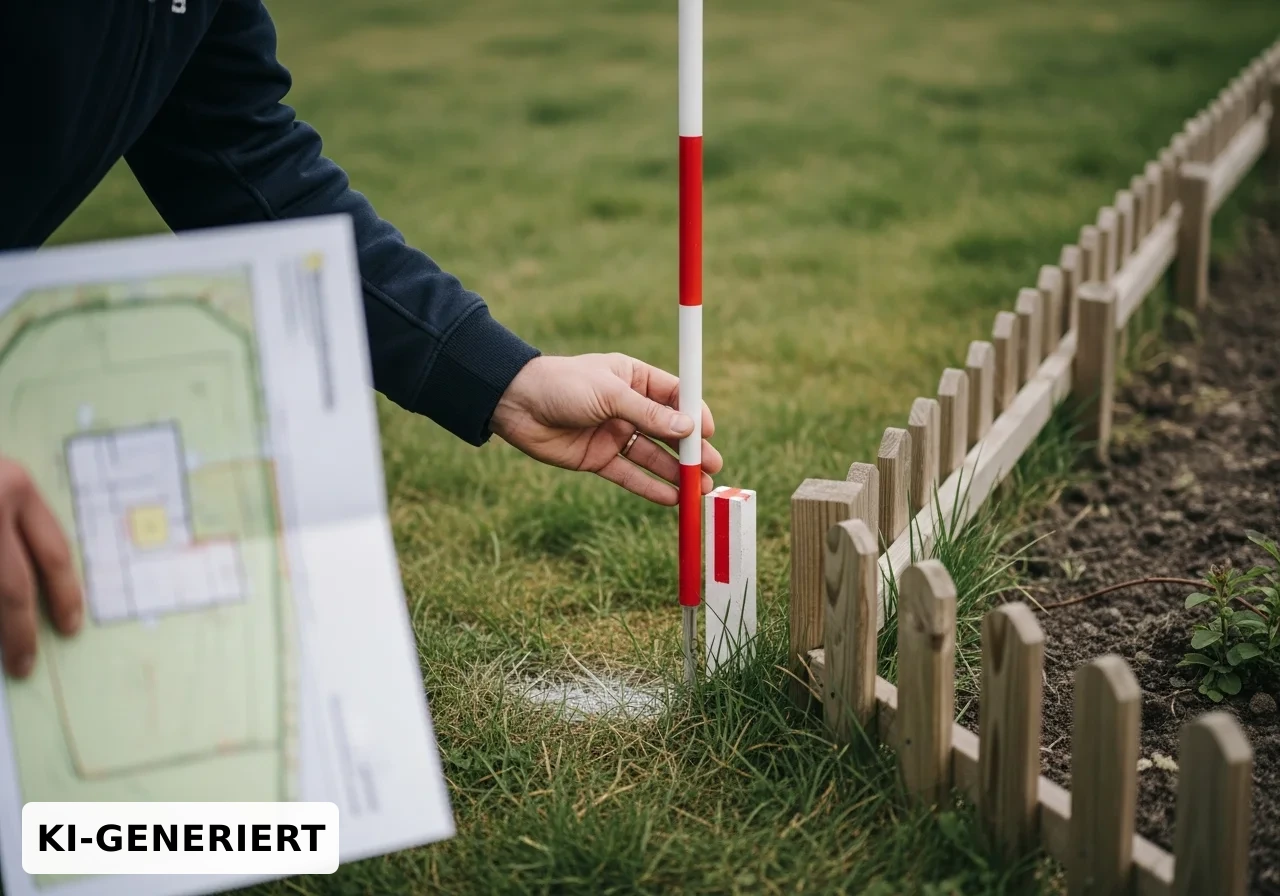 Vermessungspflock an einem Grundstücksgrenzpunkt mit Lageplan